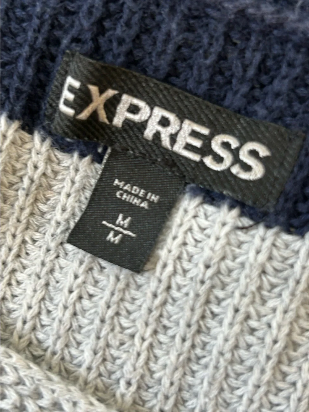 EUC Express Navy & Heather Gray Striped Knit Sweater Size M Oversized V-Neck